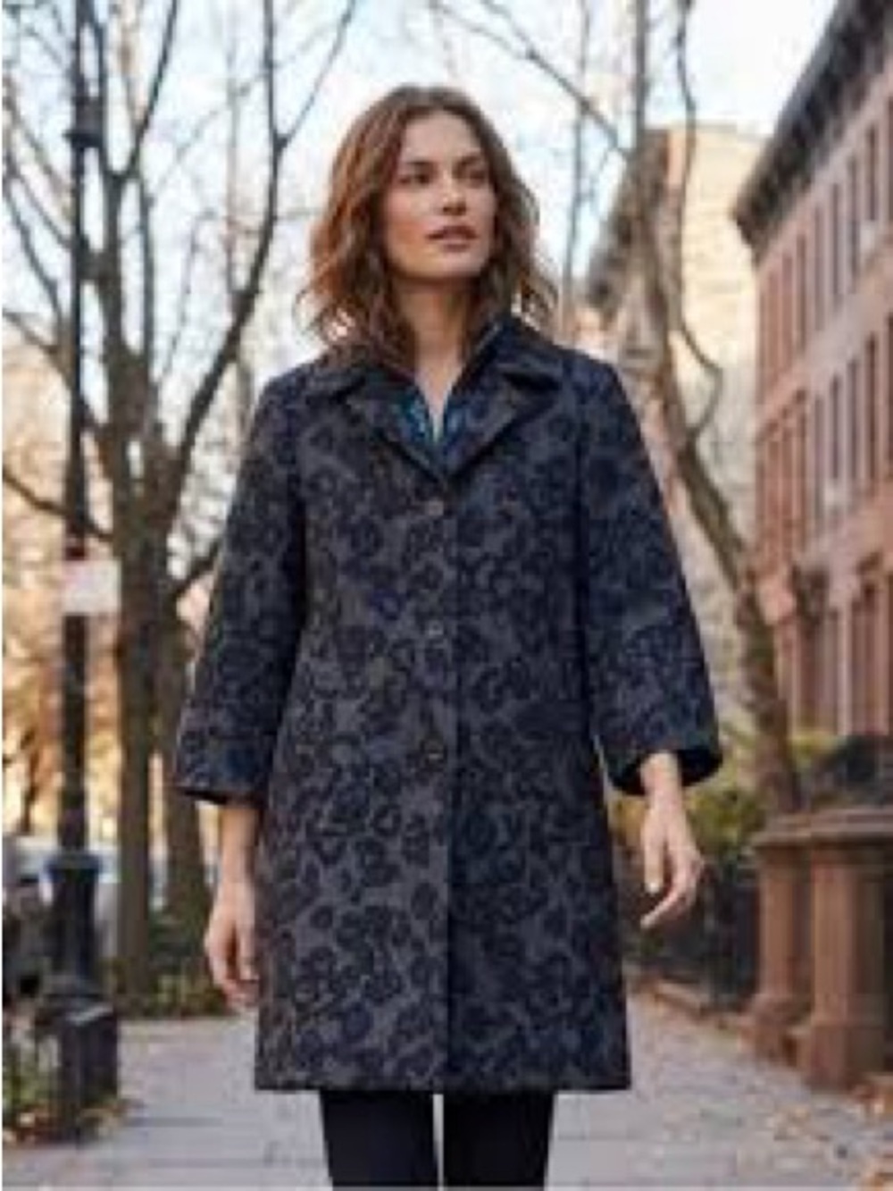 Ann Taylor Charcoal, Black, & Blue Leopard Jacquard Pea Coat Size M
